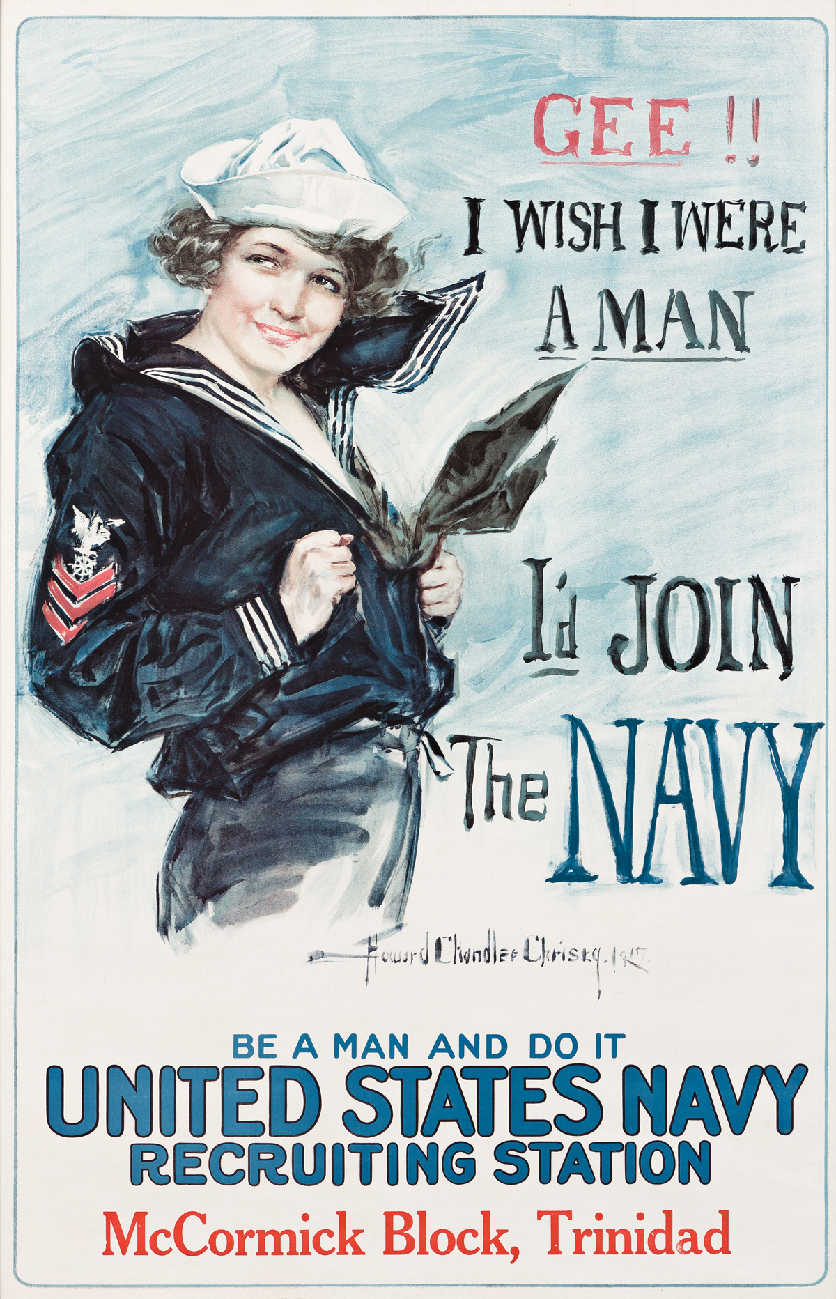 HOWARD CHANDLER CHRISTY (1873-1952).  GEE!! I WISH I WERE A MAN / ID JOIN THE NAVY. 1918. 40x25¾ inches, 101½x65½ cm.